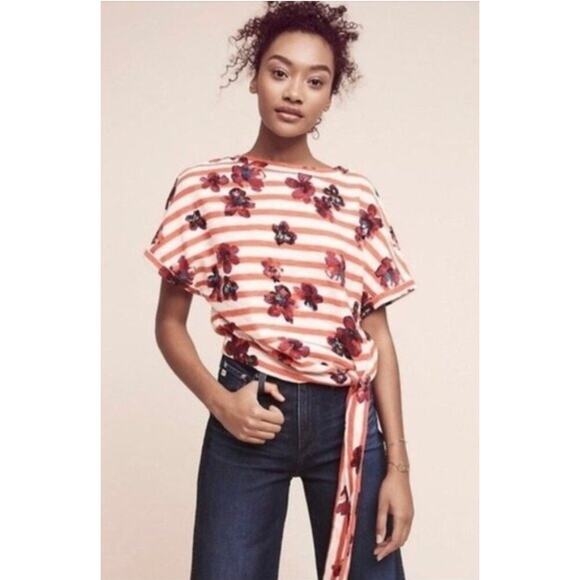 Anthropologie Postmark Floral Stripes Cropped Short Sleeve Blouse Size Small - Picture 1 of 10